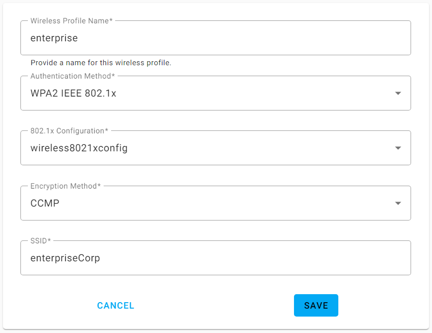 Figure 3: Example Wireless Config with IEEE802.1x